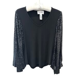 JOSEPH RIBKOFF Black V-Neck Knit Sparkle Long Sleeves Blouse Top | Size 2